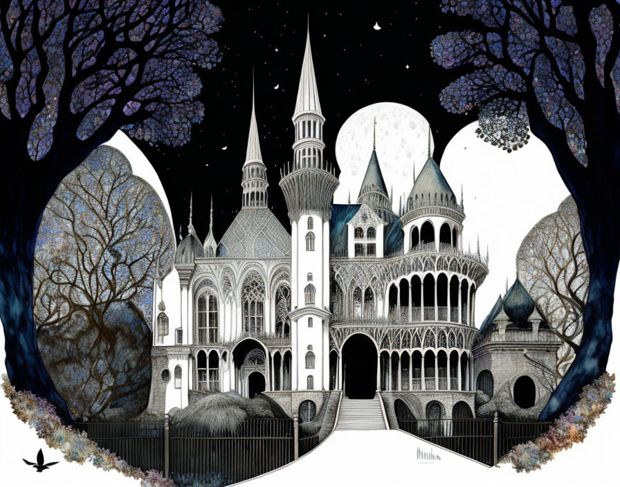 Detailed black and white whimsical castle illustration with spires, moons, trees, and bird