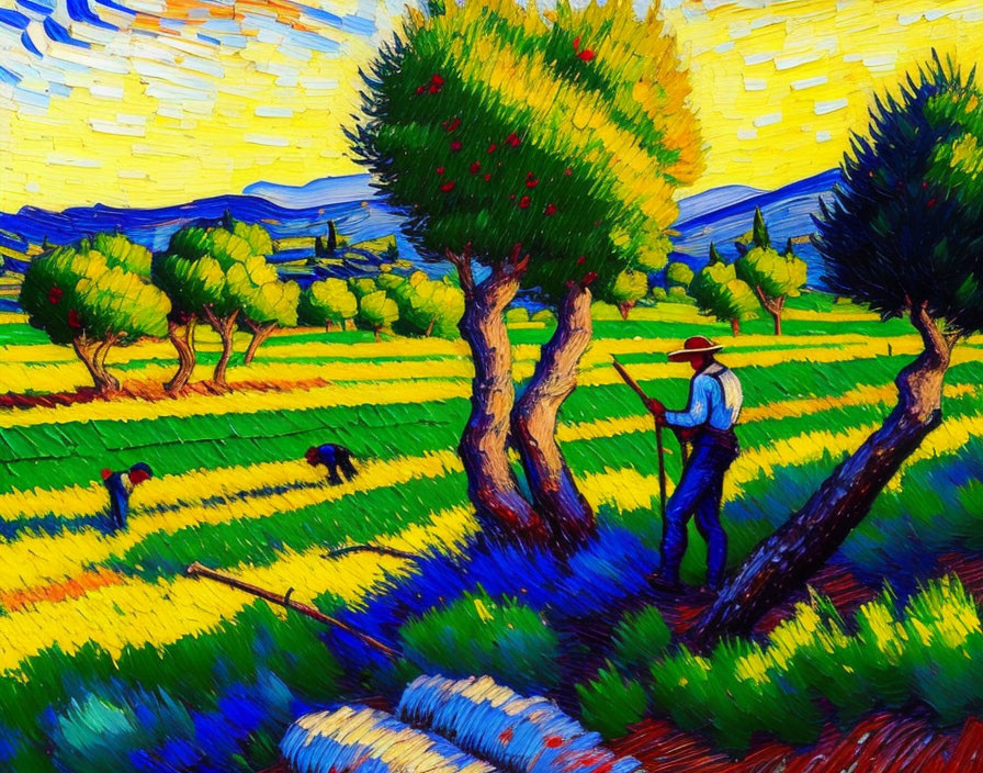 Vibrant landscape painting with person in hat and expressive brushstrokes