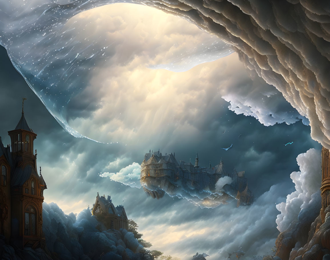 Fantastical landscape with floating castle and swirling tunnel under dramatic sky