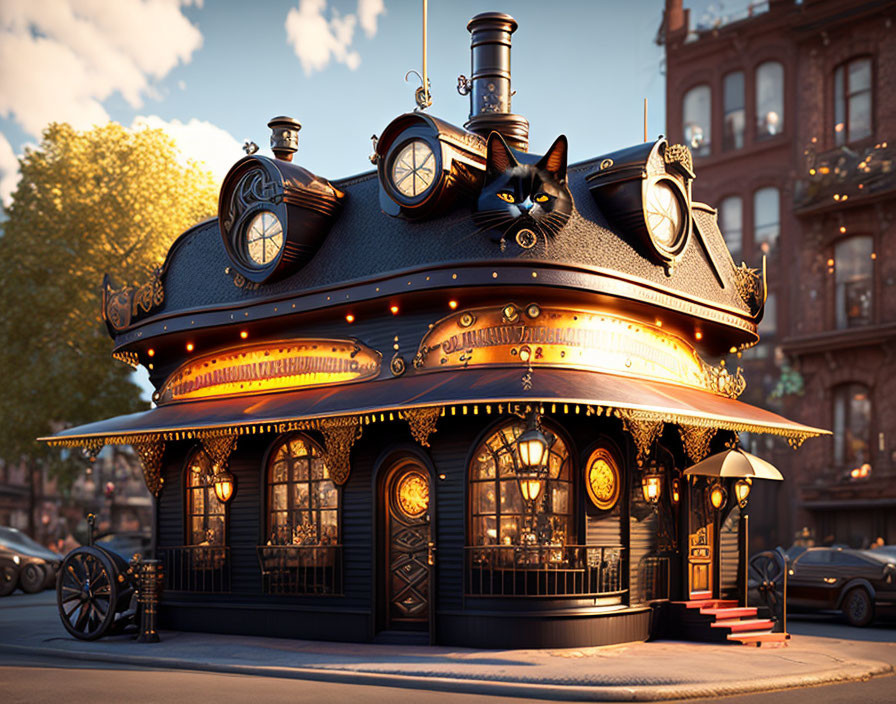 Carousel-style building with cat motif and warm lighting on city street at dusk