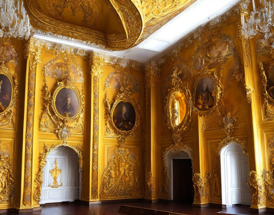 Luxurious Rococo-style room with golden decor, oval portraits, crystal chandeliers, and dark