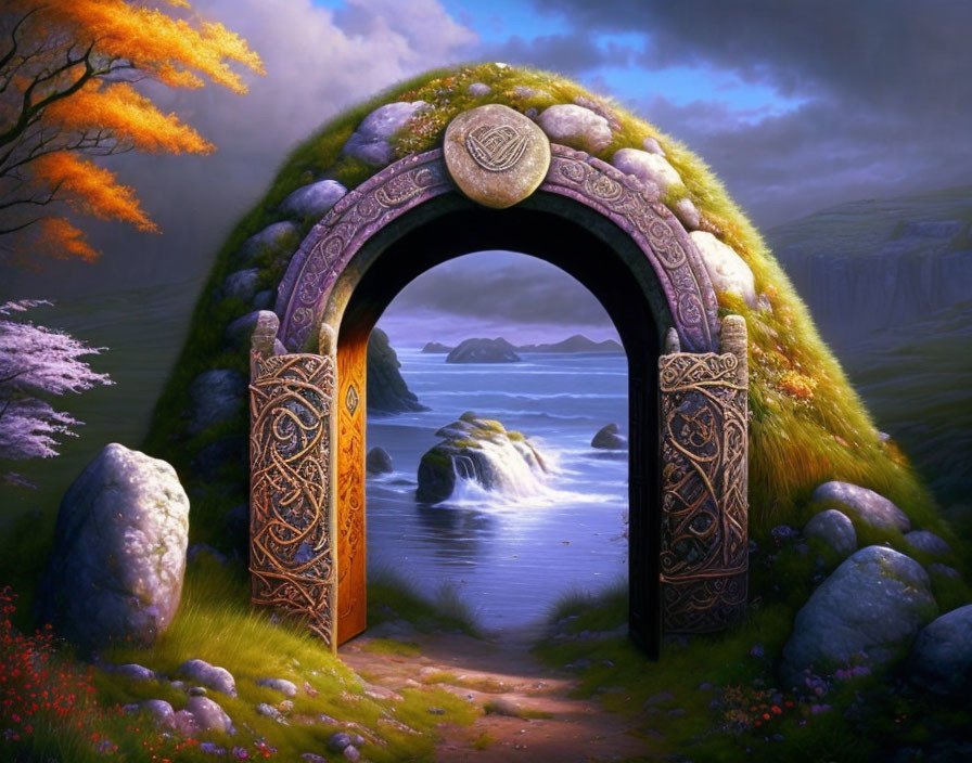 Ornate Celtic open door in lush landscape by calm sea