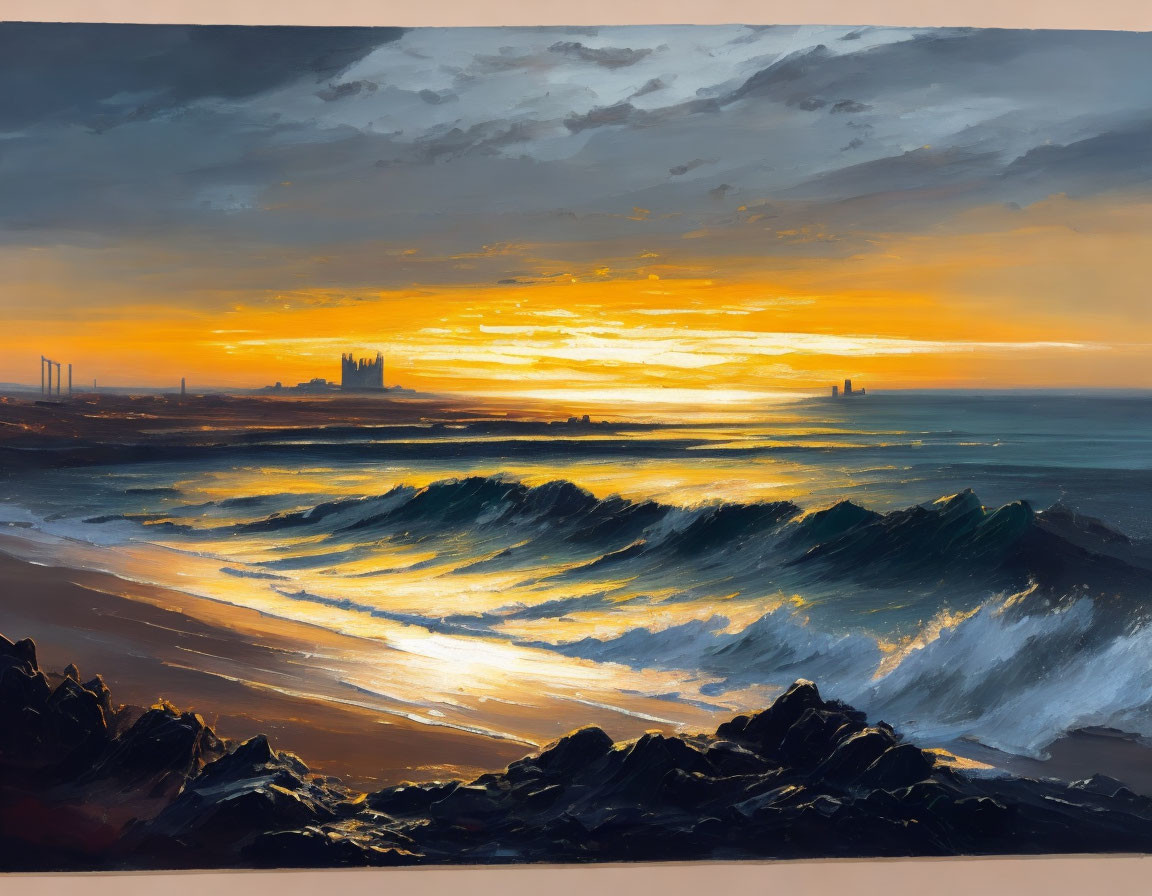 Coastal sunset painting with cityscape and wind turbines.