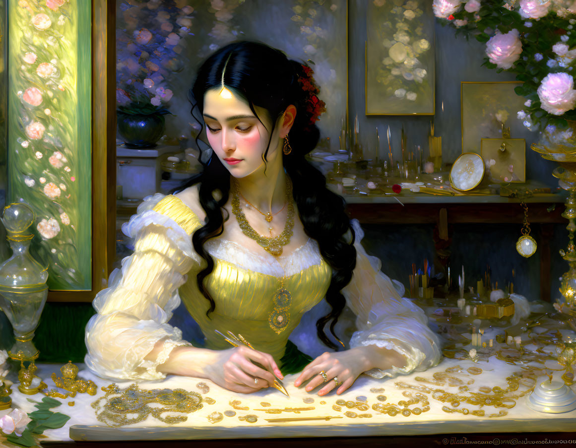 Dark-haired woman crafting jewelry in ornate room with blooming flowers.