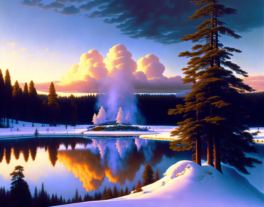 Tranquil winter landscape: evergreens, snow, lake, colorful sky