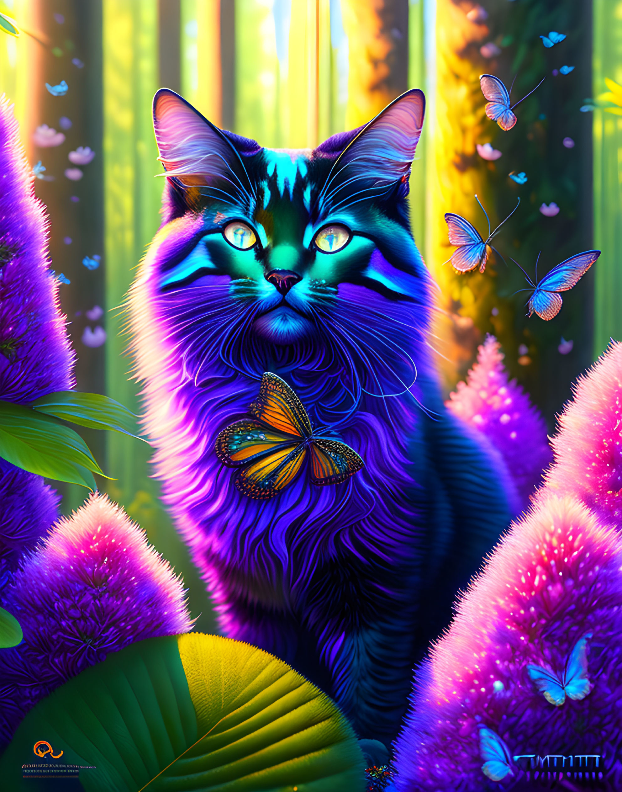 Colorful Digital Art: Blue and Purple Cat with Glowing Eyes in Enchanted Forest