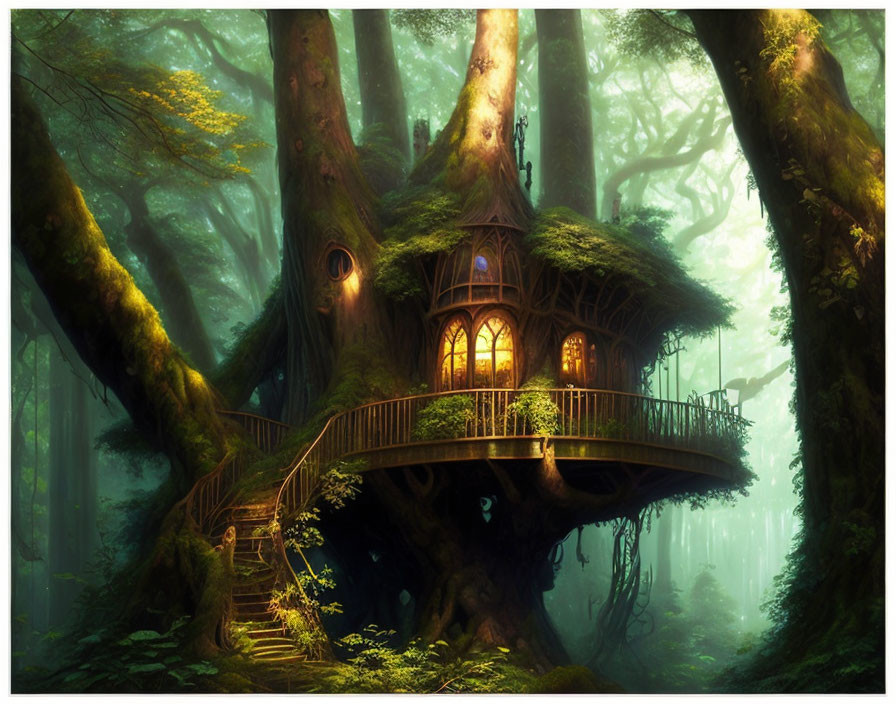 Magical treehouse in ancient forest with glowing lights and curved staircase