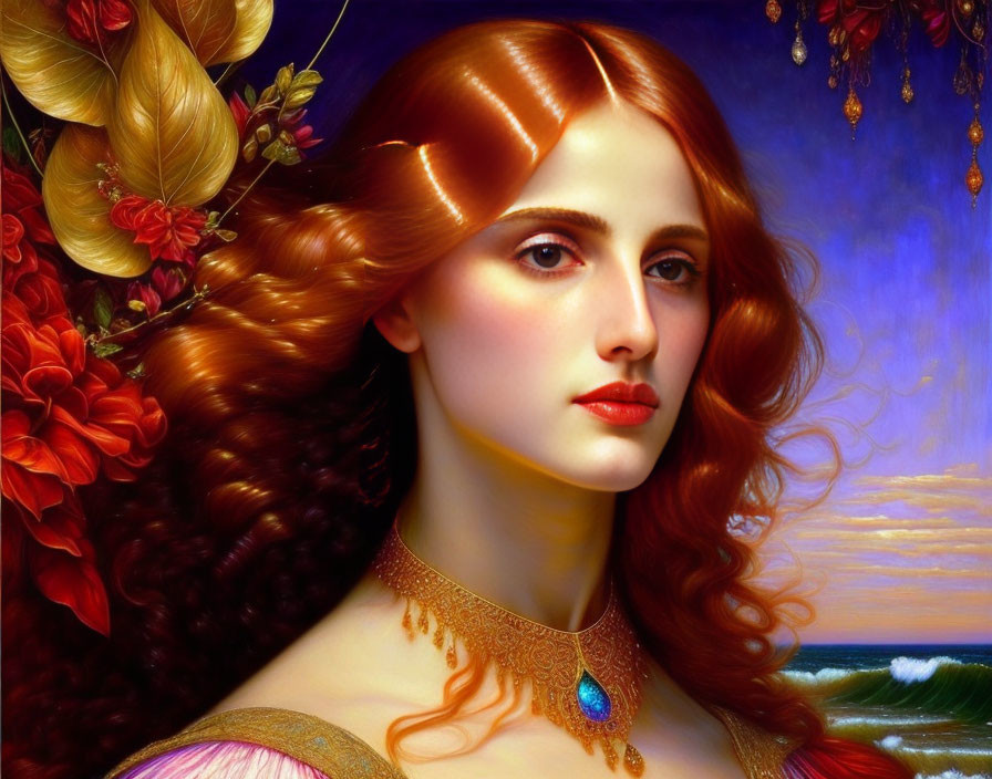 Woman with Red Hair and Golden Jewelry in Floral Seascape