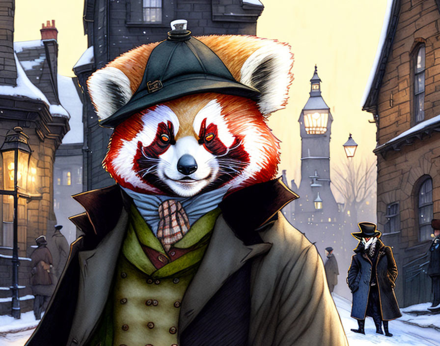 Red panda in Victorian attire strolling snowy street