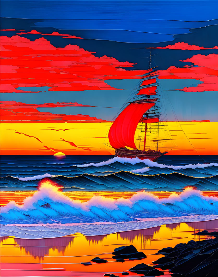 Colorful digital artwork: ship with red sail on blue waves under orange sunset