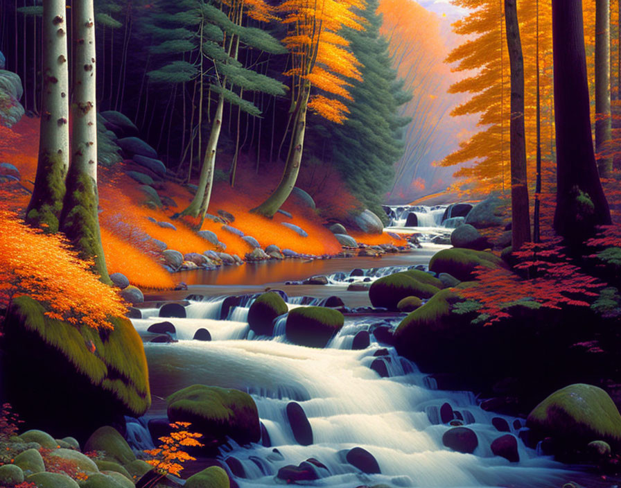 Tranquil autumn forest scene with cascading stream and vibrant orange leaves