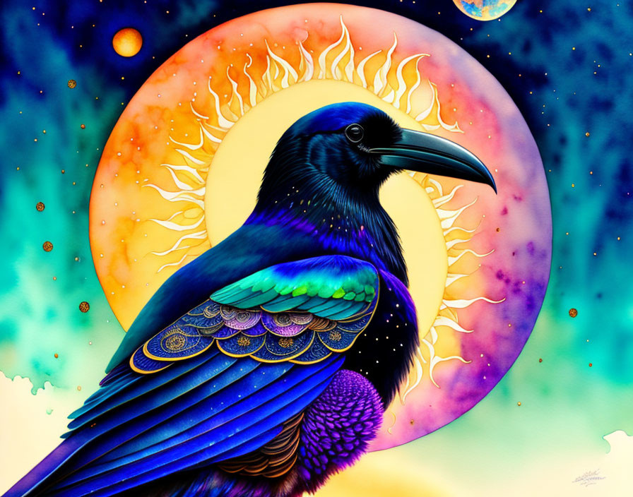 Detailed Raven Artwork Against Cosmic Background with Sun, Moon, and Stars