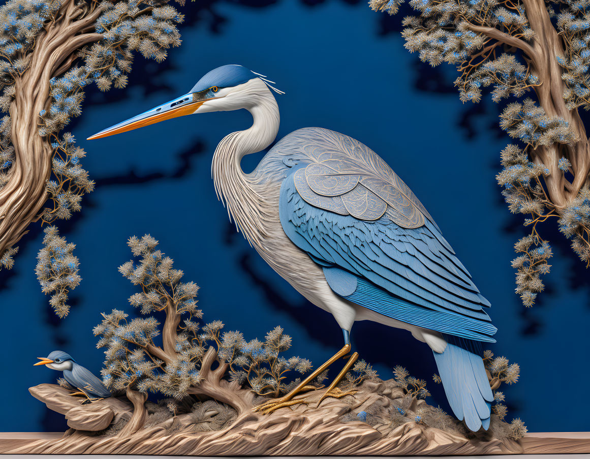 Stylized great blue heron with wooden branches and pine needles on blue background