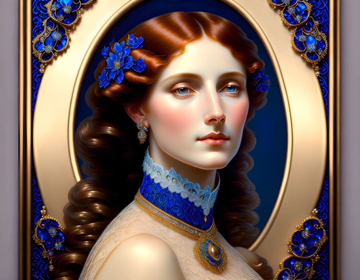 Digital artwork of woman with brown hair, blue flowers, and ornate border