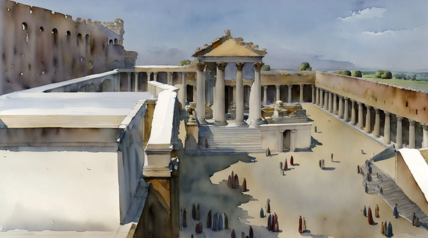 Ancient Roman temple with columns in watercolor painting