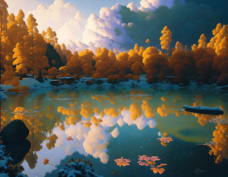 Tranquil autumn landscape with golden trees, lake reflection, and floating leaves