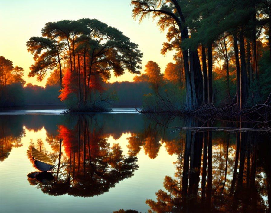 Serene Sunset Lake: Reflective Trees, Orange & Blue Hues, Floating Feather