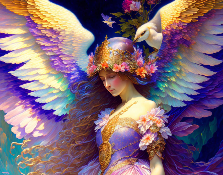 Ethereal figure with angelic wings and swan in vibrant dreamlike setting