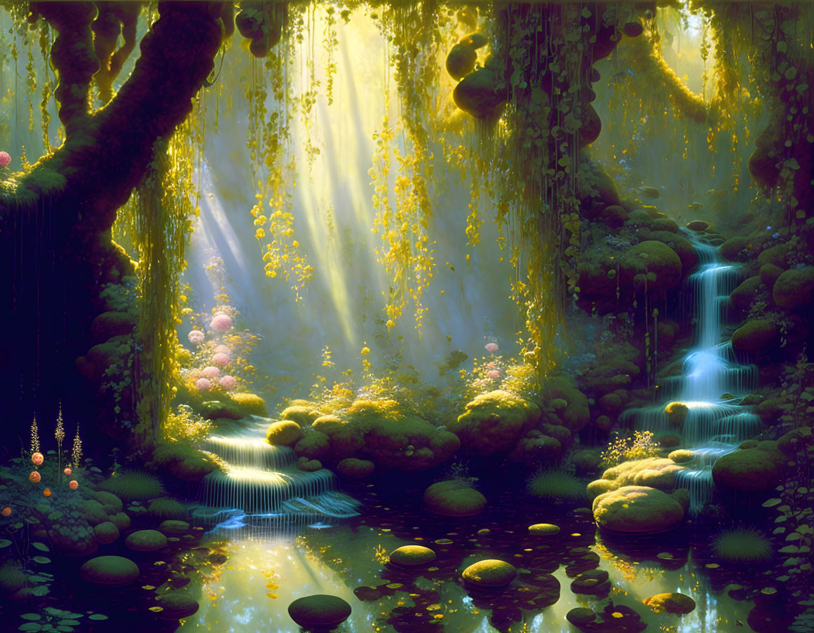 Lush enchanted forest with waterfalls, glowing flora, and sunbeams