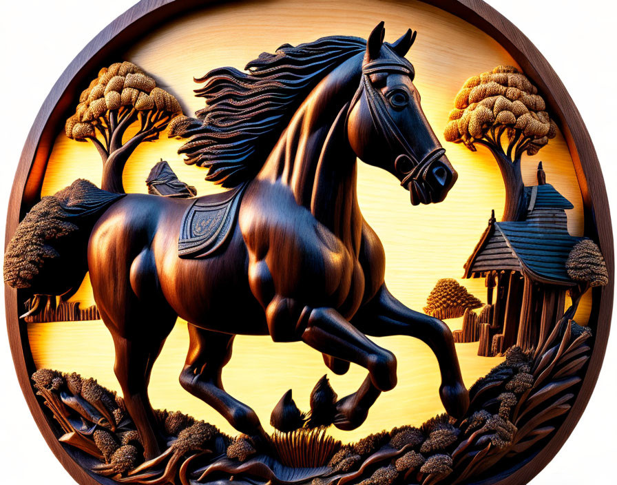 Wooden Relief Carving: Galloping Horse in Rustic Scene