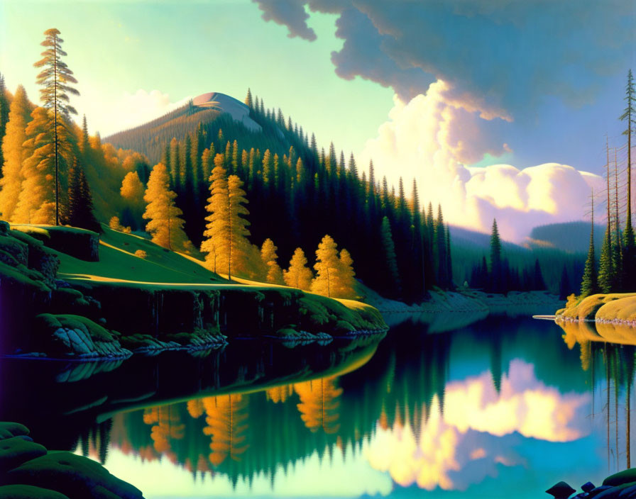 Tranquil landscape: golden trees, calm lake, pine forests, blue sky