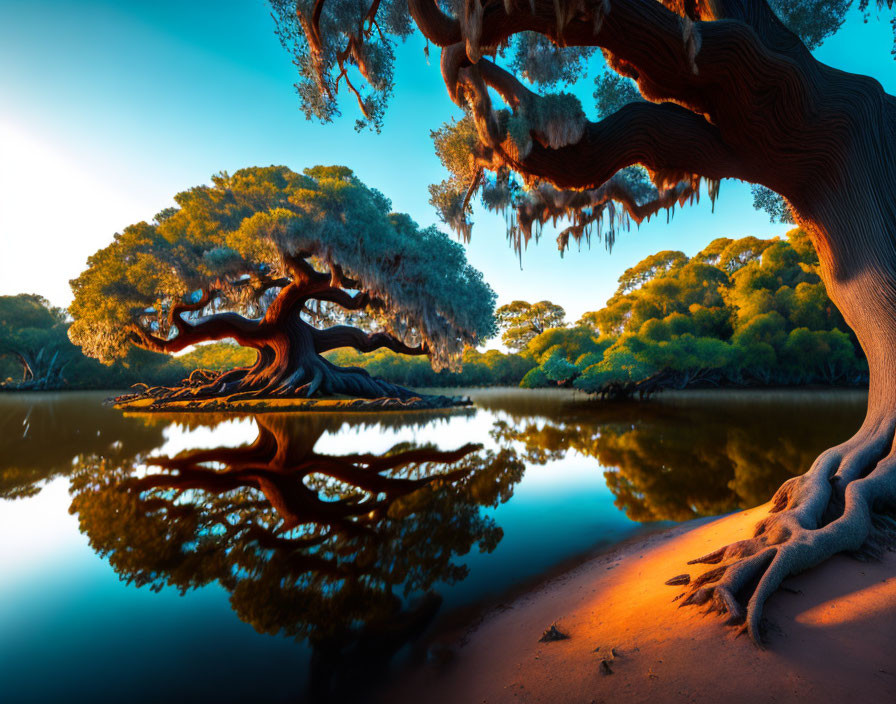 Twisted trees in serene landscape at dusk