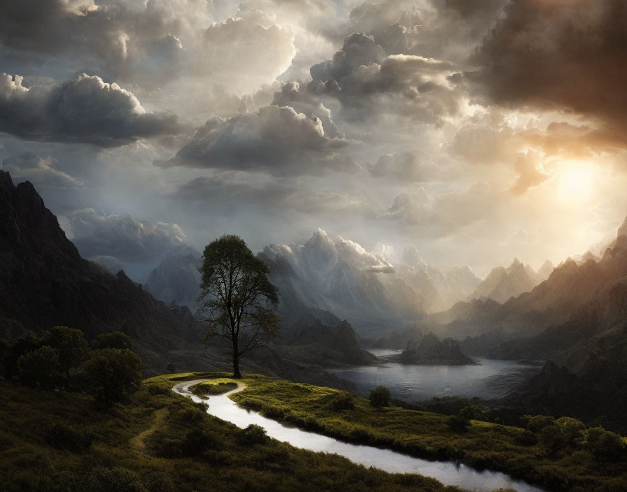 Scenic lone tree near meandering river in dramatic mountain landscape