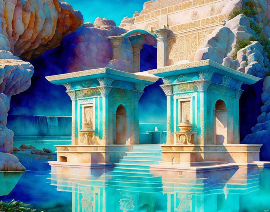 Ancient riverside temple with turquoise pillars and golden details