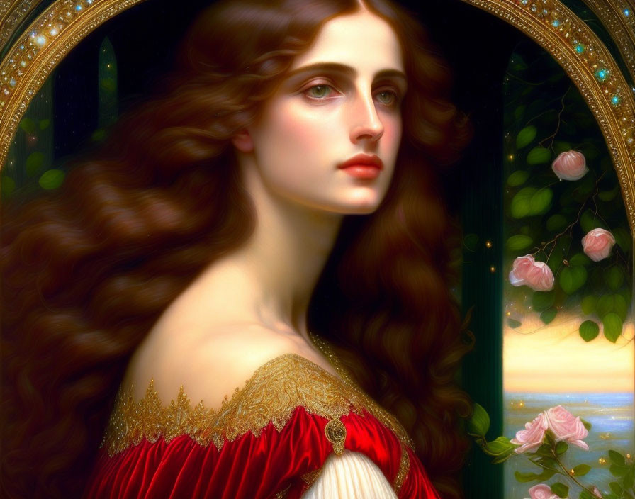 Portrait of woman with auburn hair framed by arch and roses, beach twilight scene