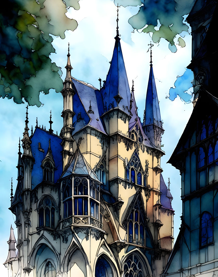 Stylized gothic cathedral illustration with blue roofs and pointed arches