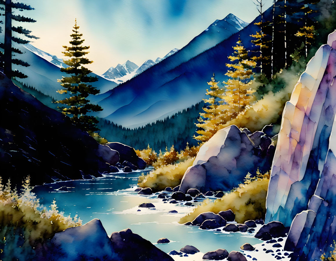 Serene mountain landscape in vibrant watercolor