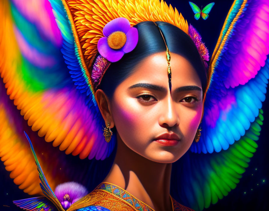 Colorful portrait of woman with unibrow and headpiece among butterfly wings