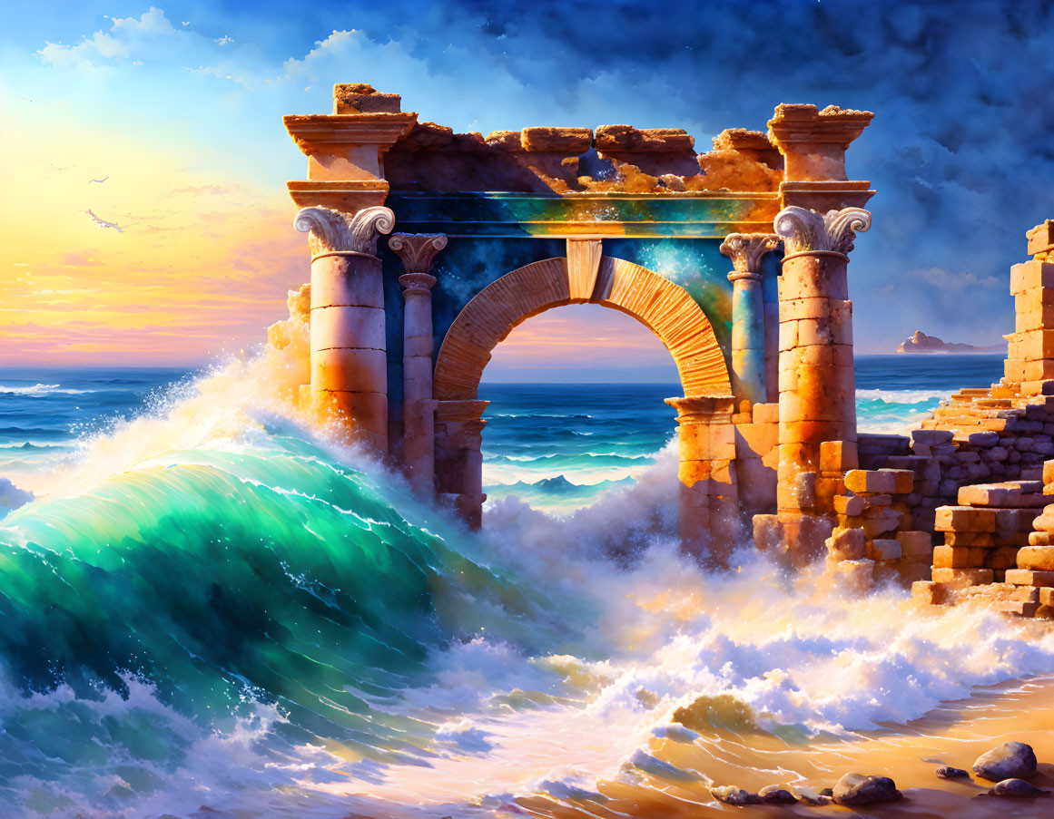 Large Wave Crashing Against Ancient Ruins in Sunset Scene