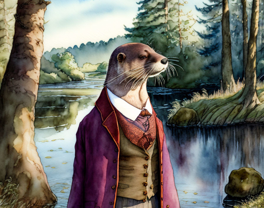 Anthropomorphic otter in elegant attire by serene riverside