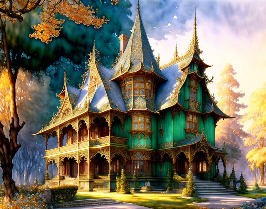 Elaborate Gothic-style house in autumn forest