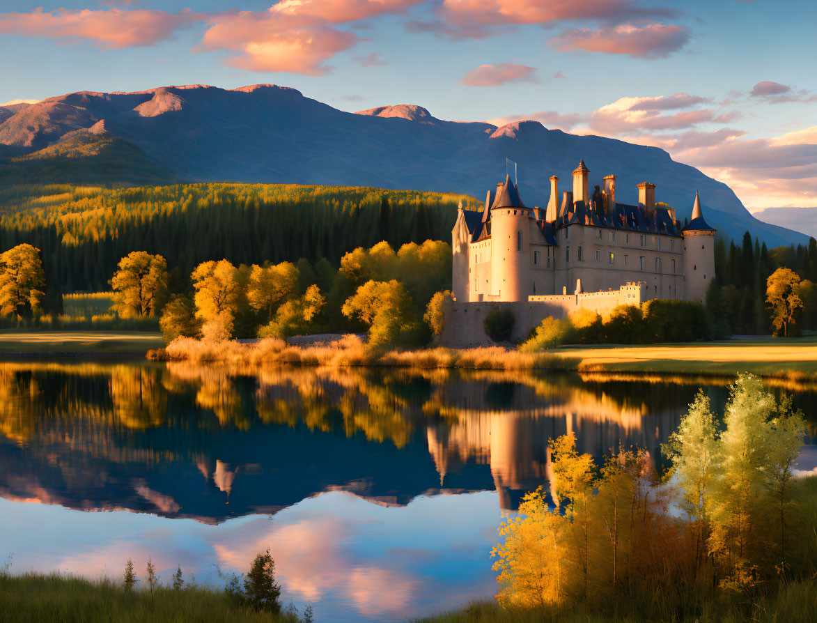 Majestic castle with spires reflected on tranquil lake in autumn landscape