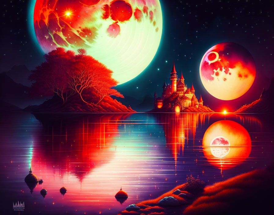 Fantastical landscape with castle, celestial bodies, and starry sky