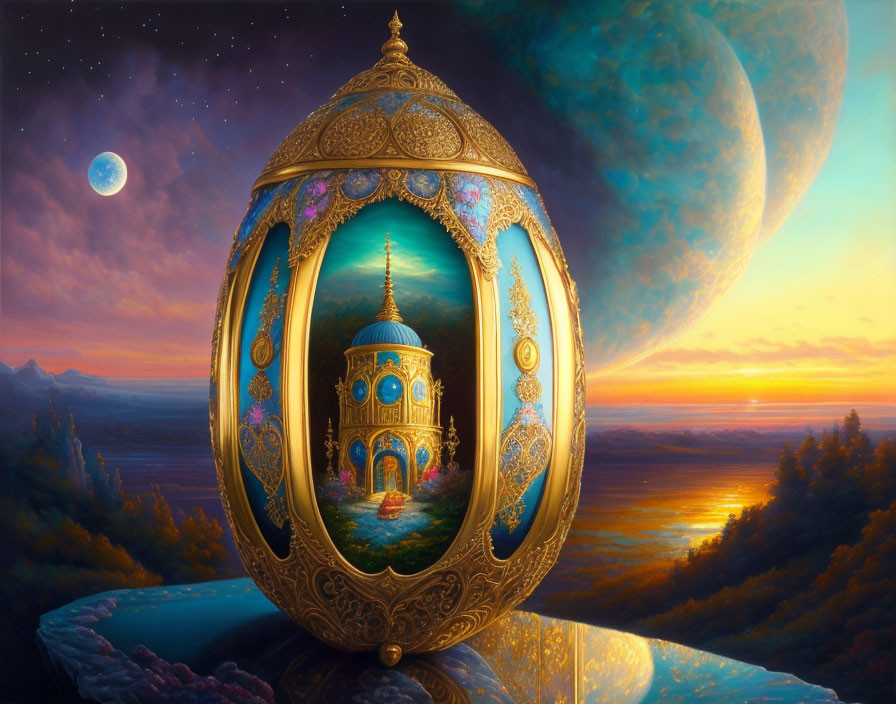 Detailed Fantasy Landscape: Ornate Golden Egg Opens to Small Palace at Sunset