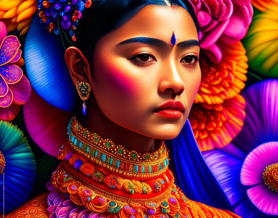 Traditional jewelry adorned woman in colorful floral patterns