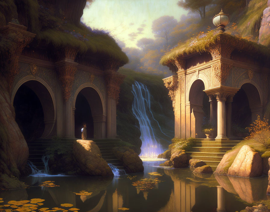 Fantasy landscape with stone pavilion, waterfall, figure, lantern & lush greenery.