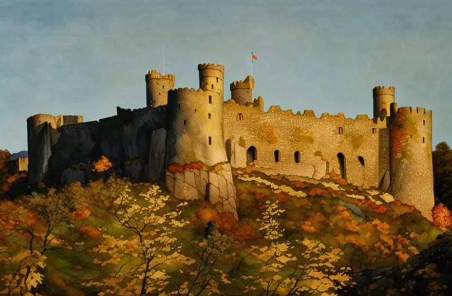 Medieval castle on hill, autumn trees, clear sky