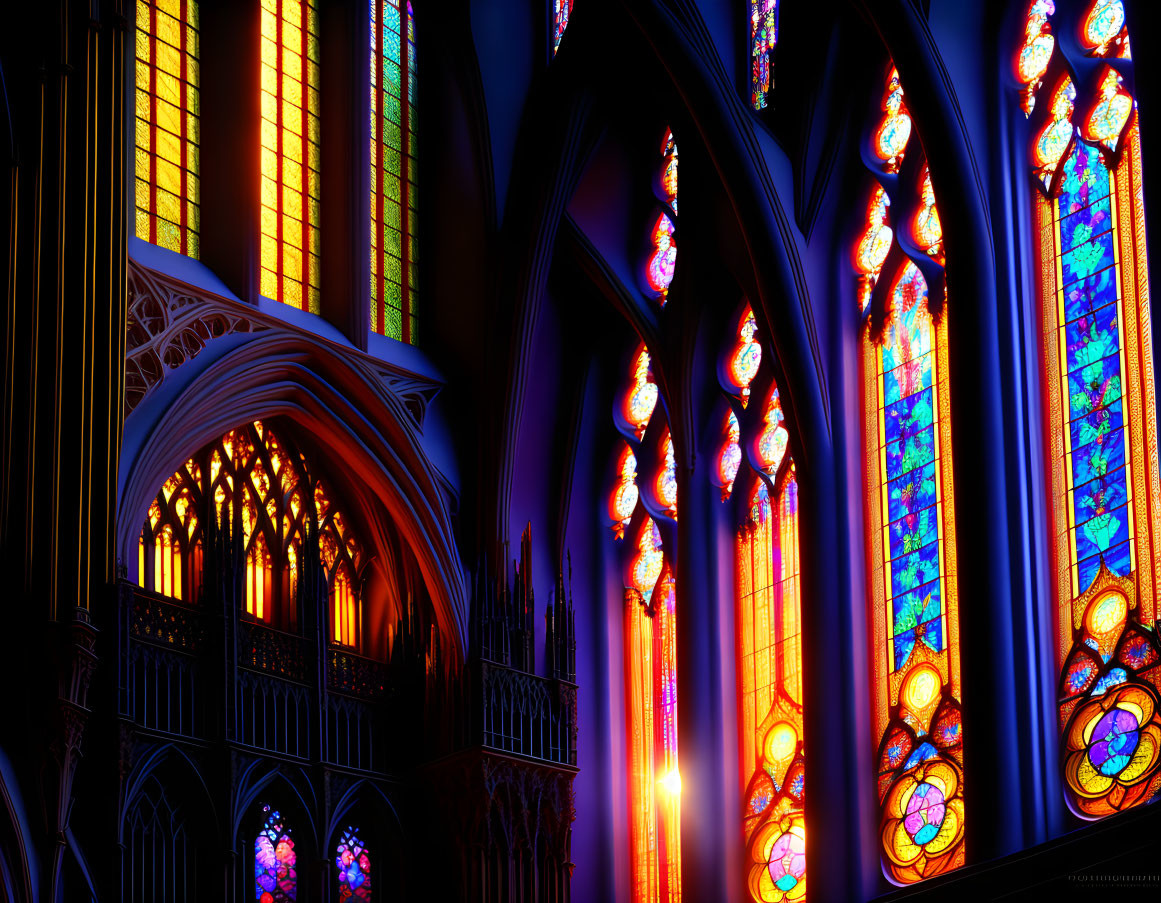 Vibrant Stained Glass Windows Illuminate Gothic Cathedral Interior