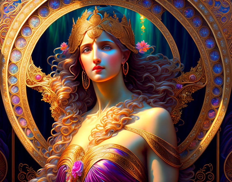 Art Nouveau-inspired woman with flowing hair and golden headpiece in circular backdrop.