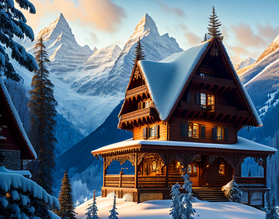 Snow-covered chalet with intricate woodwork against snowy mountains at sunrise or sunset