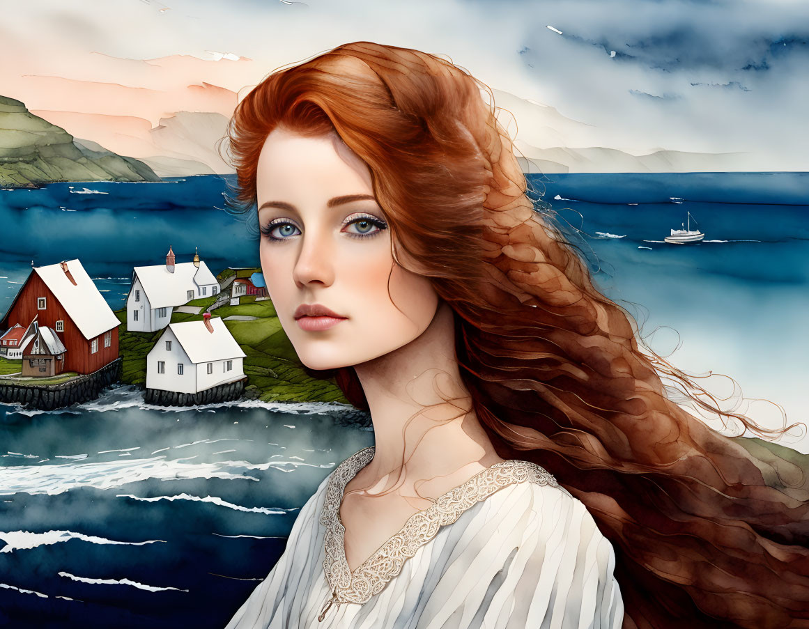 Digital illustration: Woman with red hair and blue eyes in coastal village setting