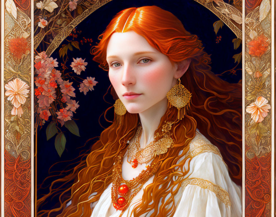 Portrait of Woman with Flowing Red Hair and Gold Jewelry in Art Nouveau Style