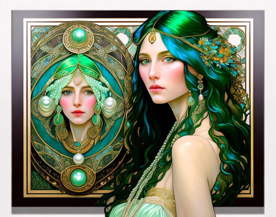 Colorful artwork: Woman with emerald green hair and jewel-encrusted headdress beside orn