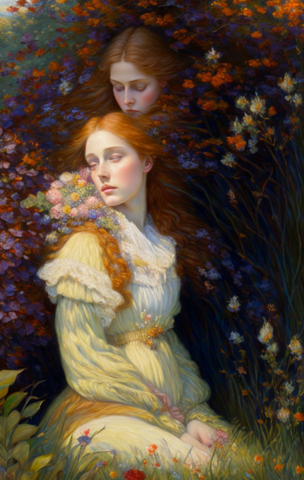 Two Women with Flowers in Romantic Style Amidst Colorful Flora