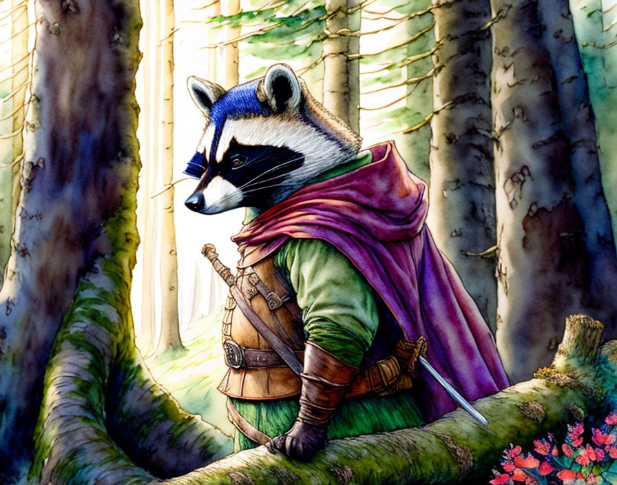 Medieval-themed anthropomorphic raccoon illustration in forest