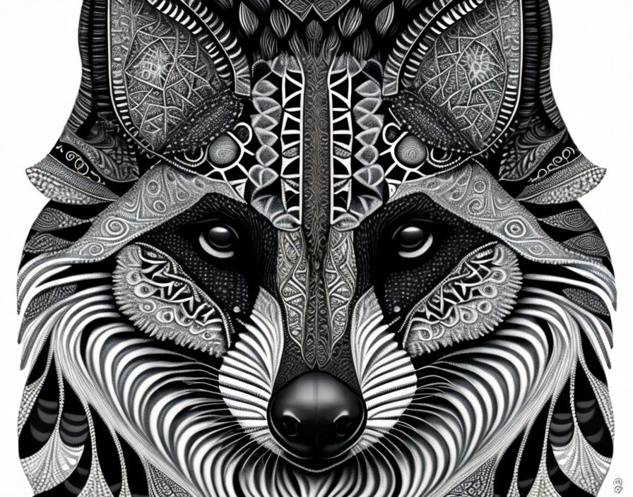 Detailed Black and White Fox Illustration with Intricate Patterns